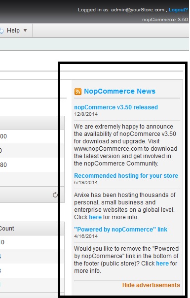nopCommerce admin news feed
