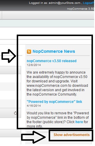 nopCommerce admin news feed