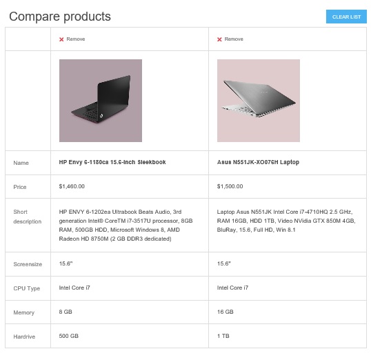 nopcommerce compare list